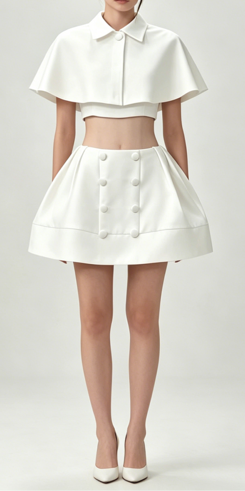 White Cape Collar Crop Top & Double Button Pleated Mini Skirt Two Piec White Cape Collar Crop Top & Double Button Pleated Mini Skirt Two Piec