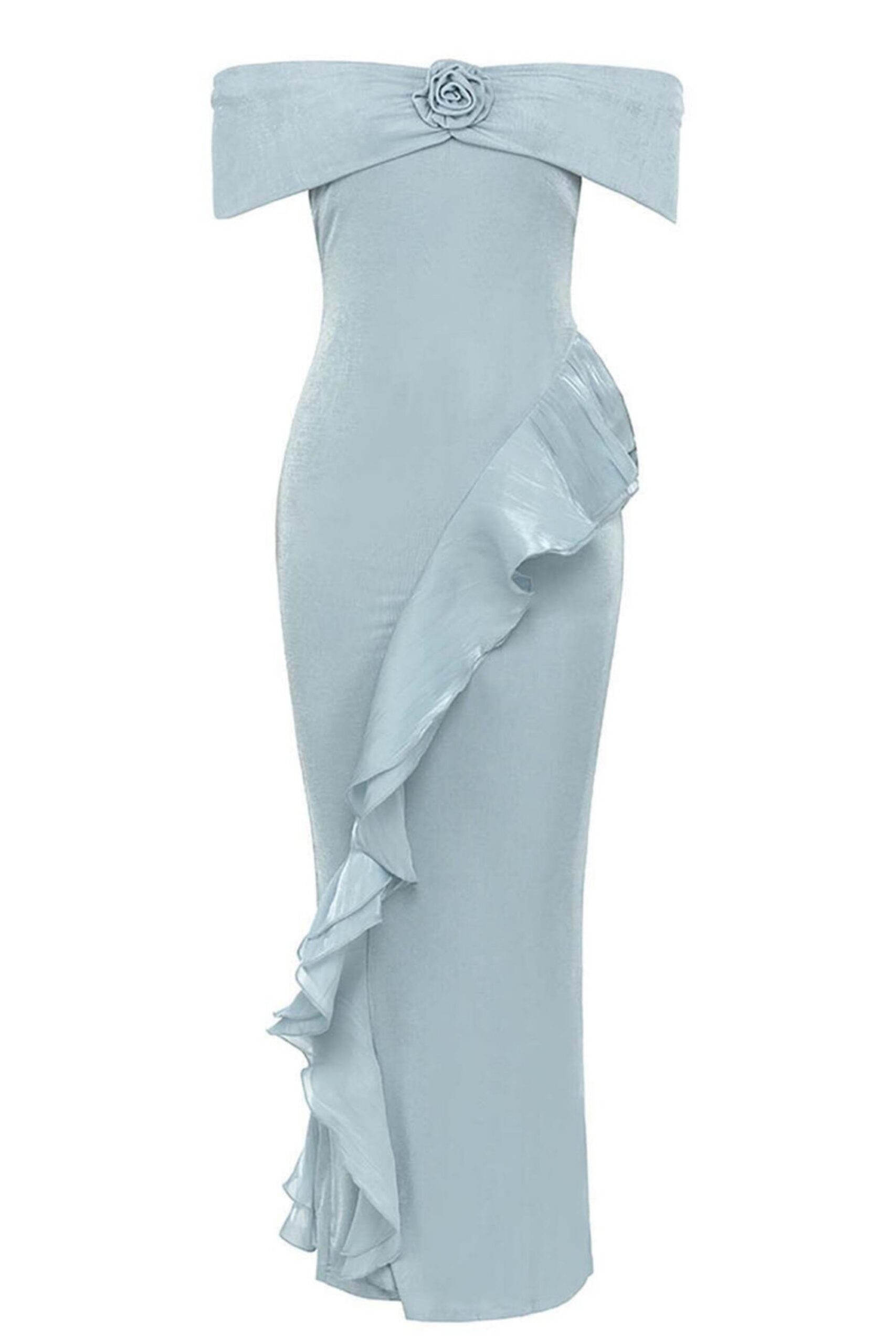 OFF SHOULDER RUFFLED MAXI DRESS IN TINGED BLUE