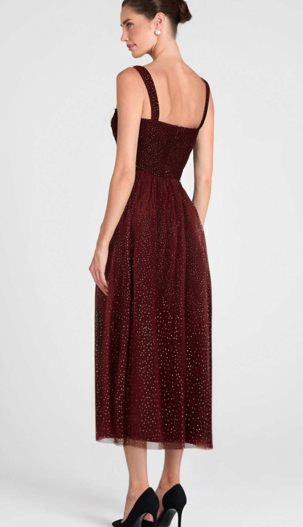 RUCHED BUST MESH RHINESTONE CAMI DRESS