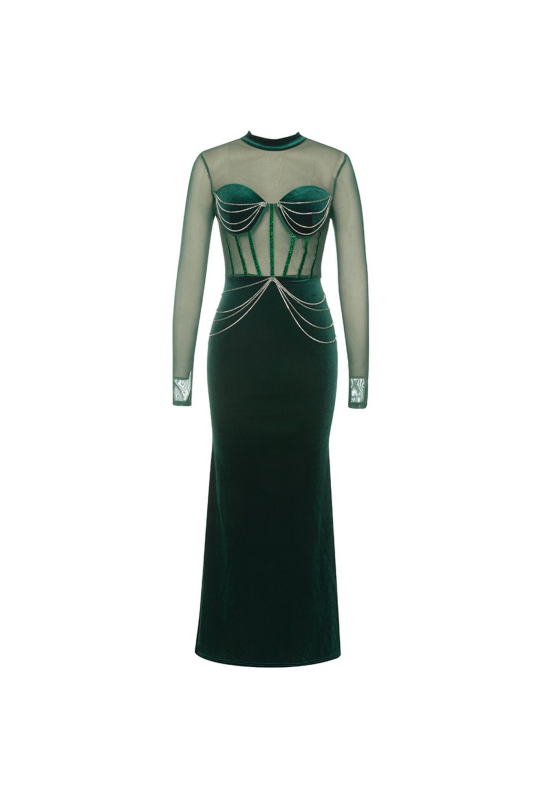 LONG SLEEVE VELVET BUSTIER MAXI DRESS FOR EVENING