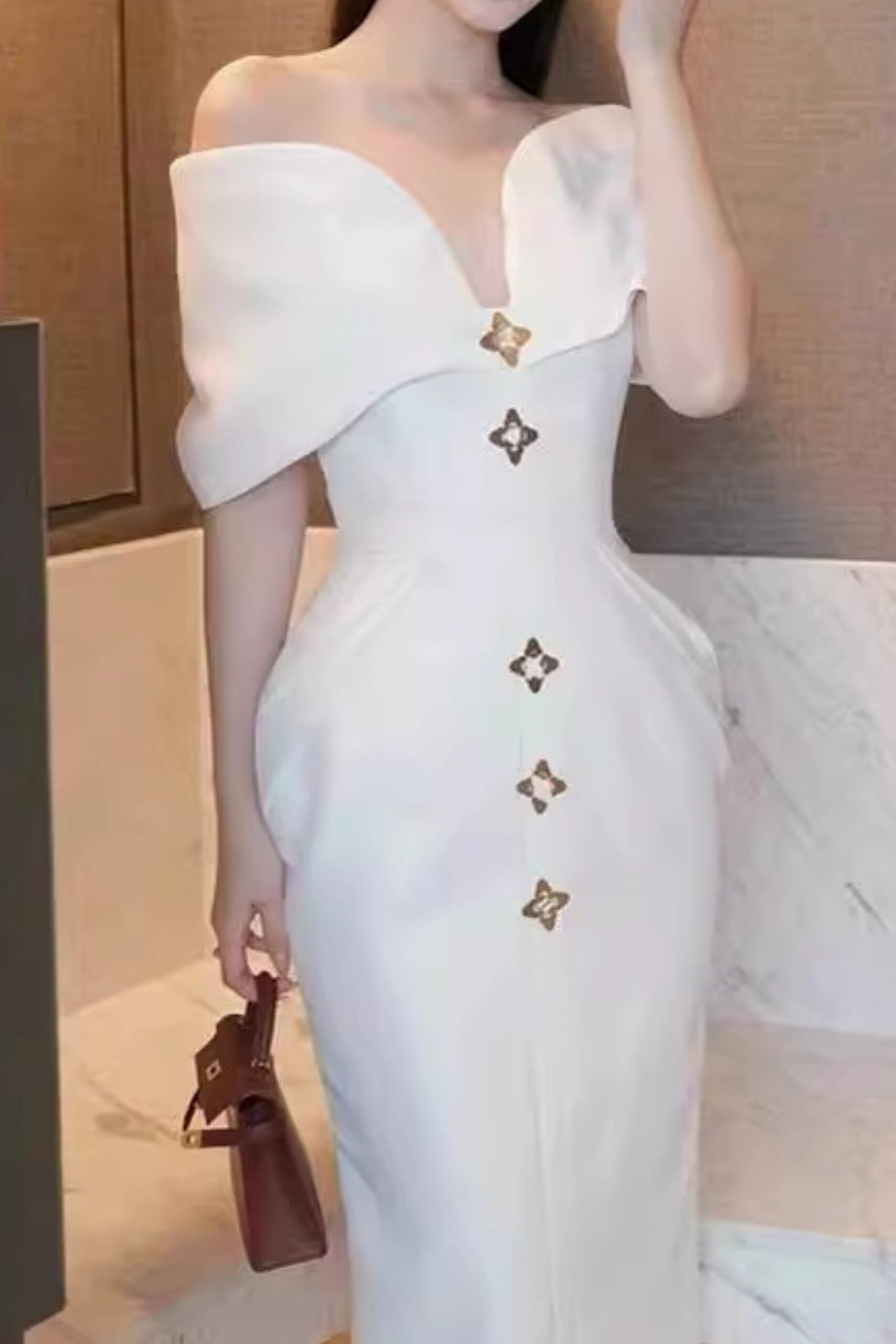 OFF SHOULDER WHITE MIDI DRESS FOR WEDDING