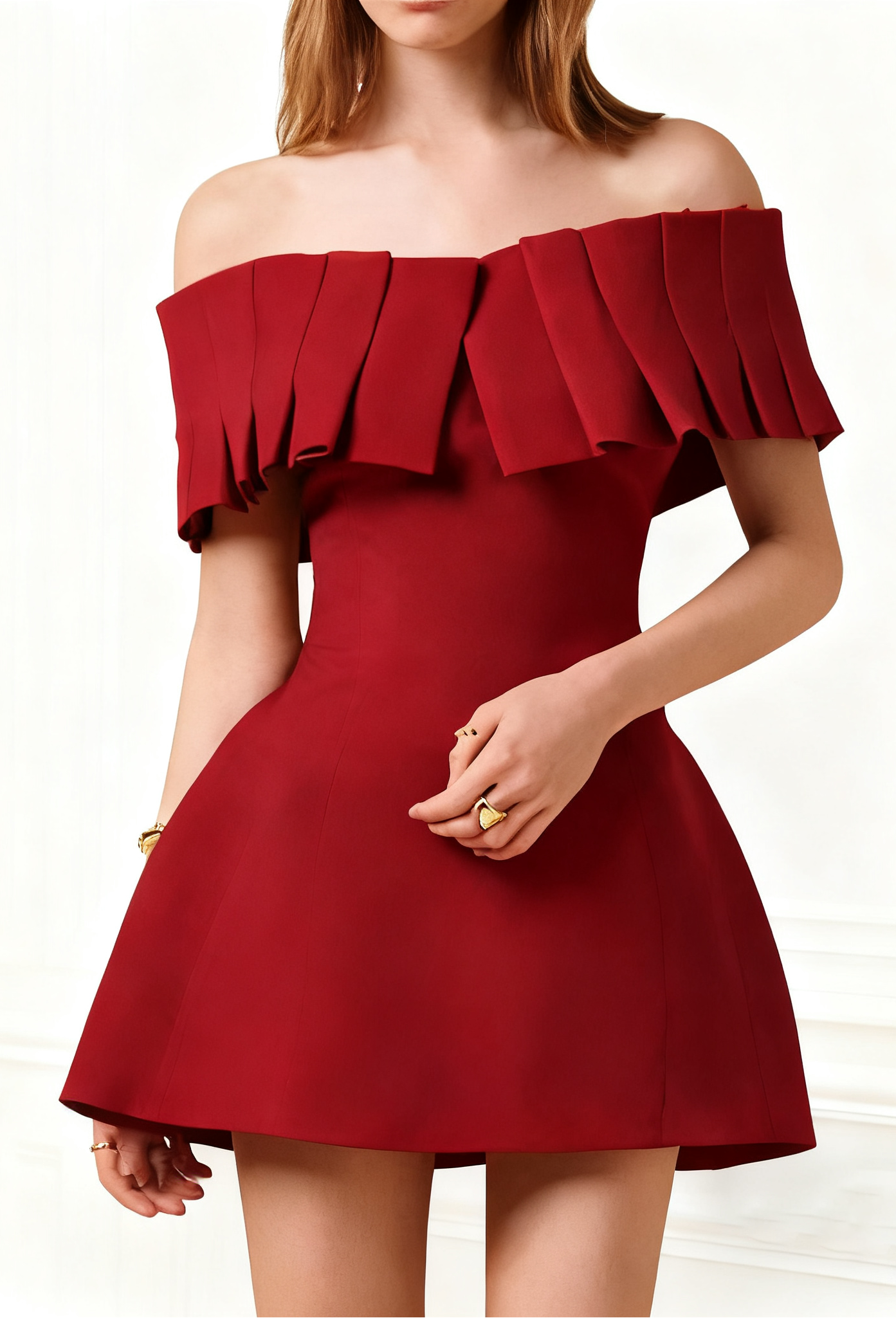 MARCIA OFF-SHOULDER PLEATED RED MINI DRESS