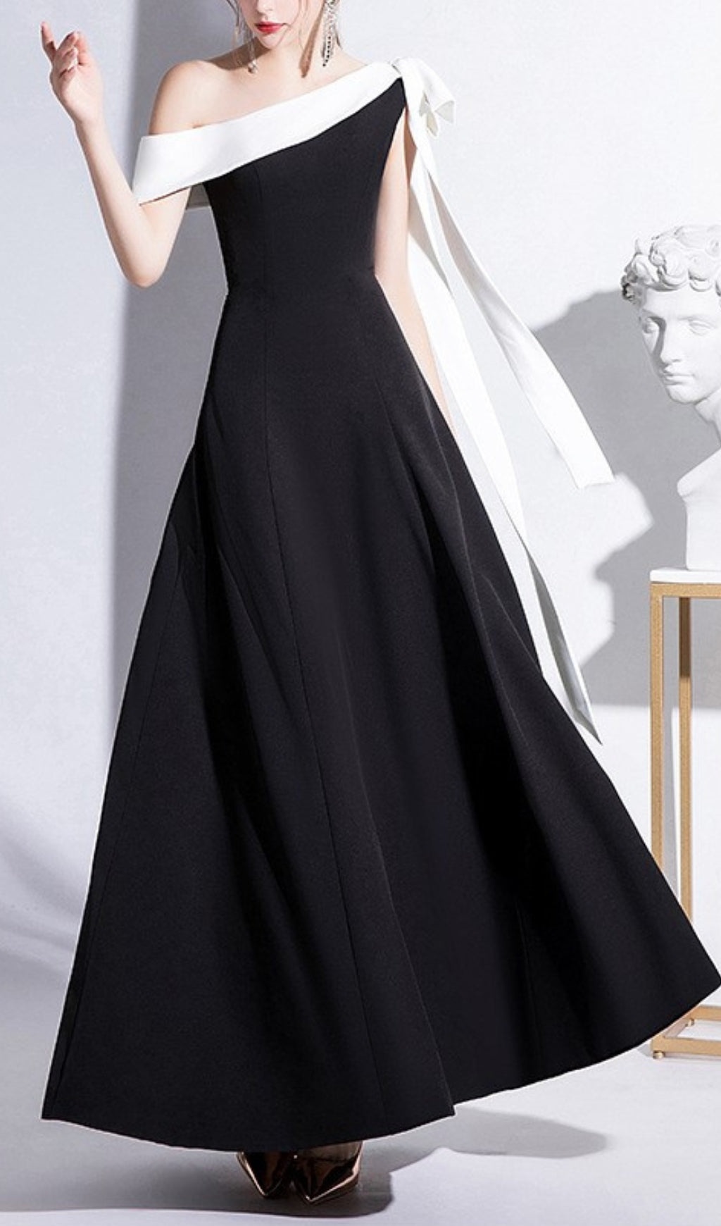 PAGGED BOW MIDI DRESS BLACK WEDDING GUEST