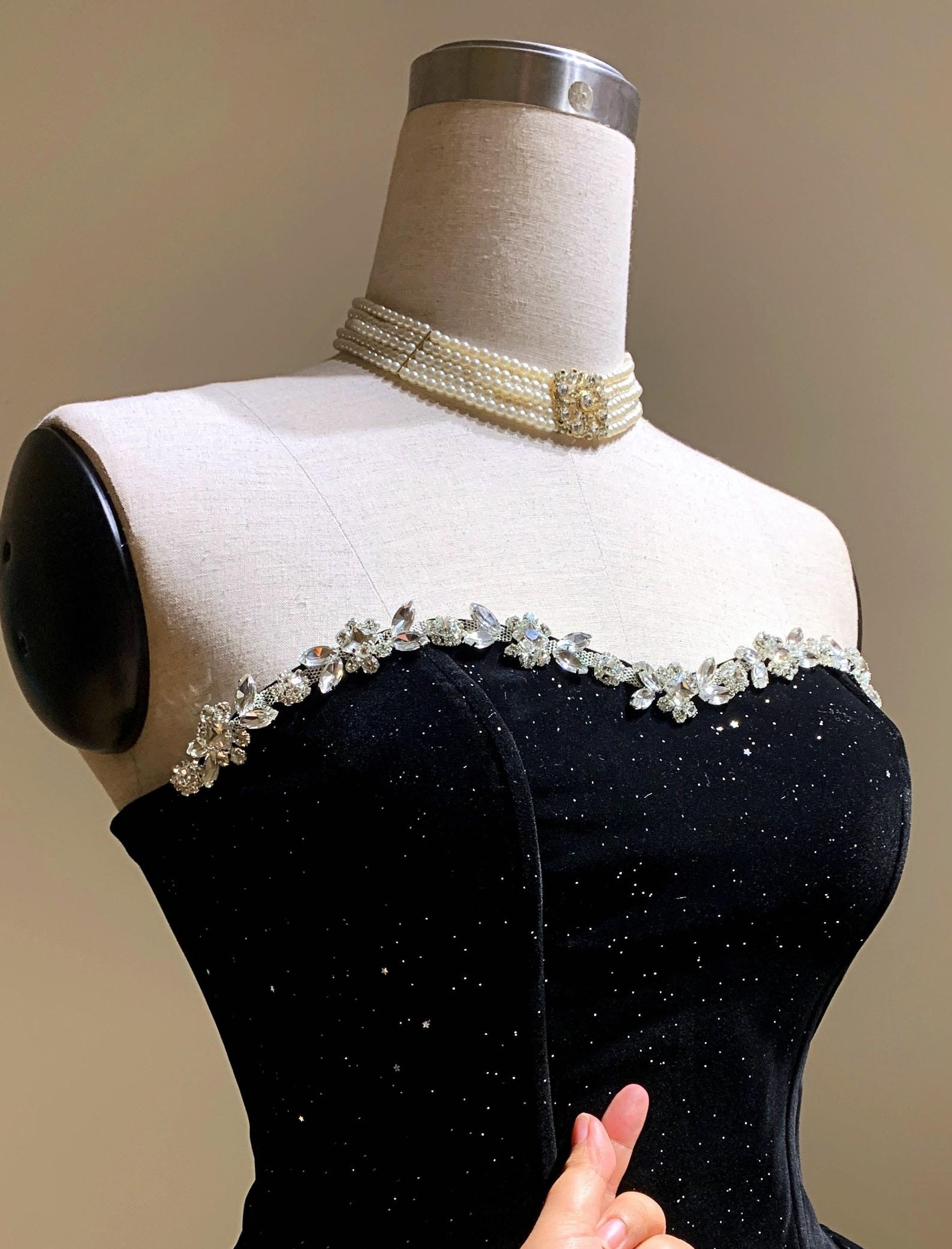 ZAAHIR RHINESTONE BOW SEQUIN STRAPLESS MINI DRESS