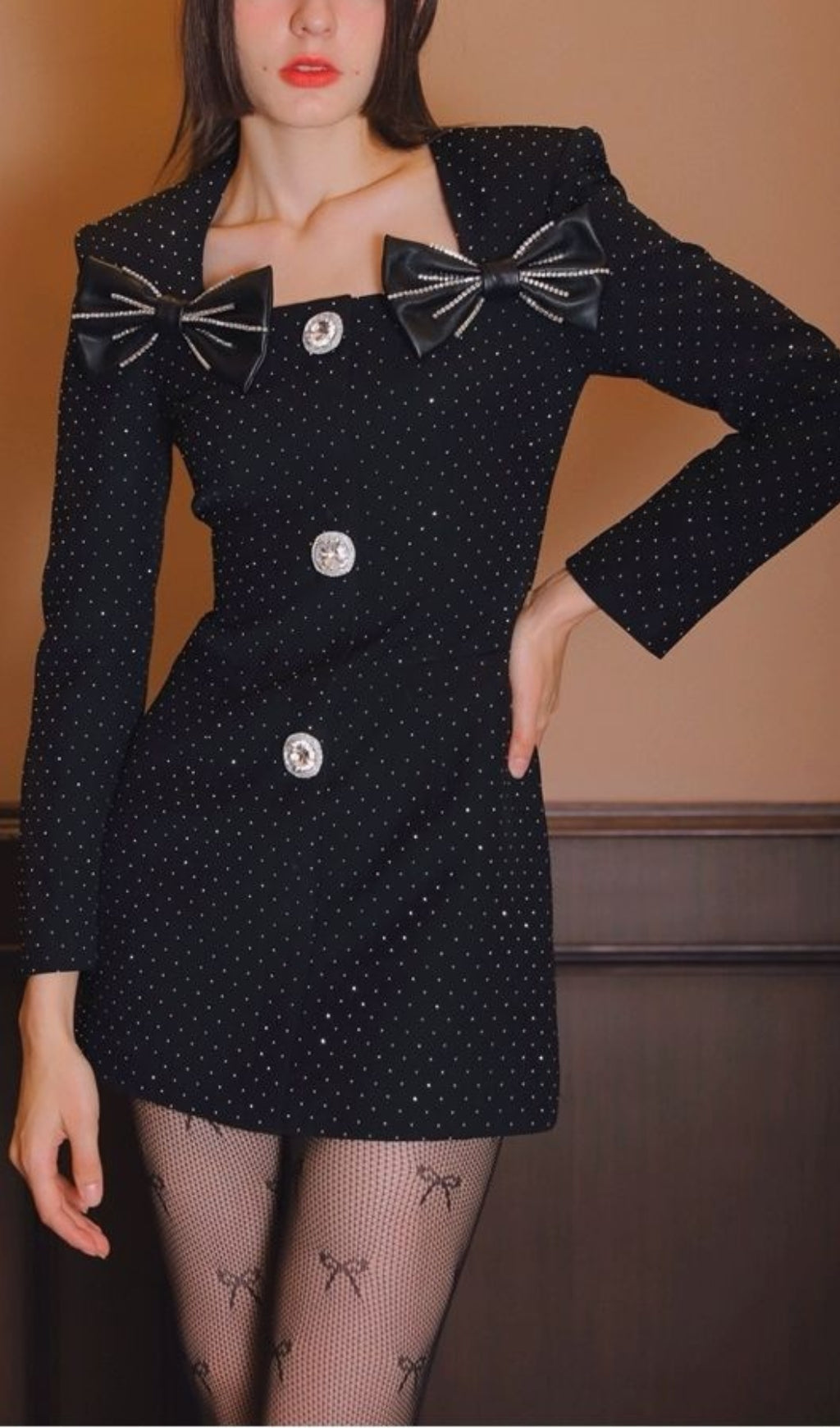 BLACK BOW MINI DRESS, LONG SLEEVE, PARTY