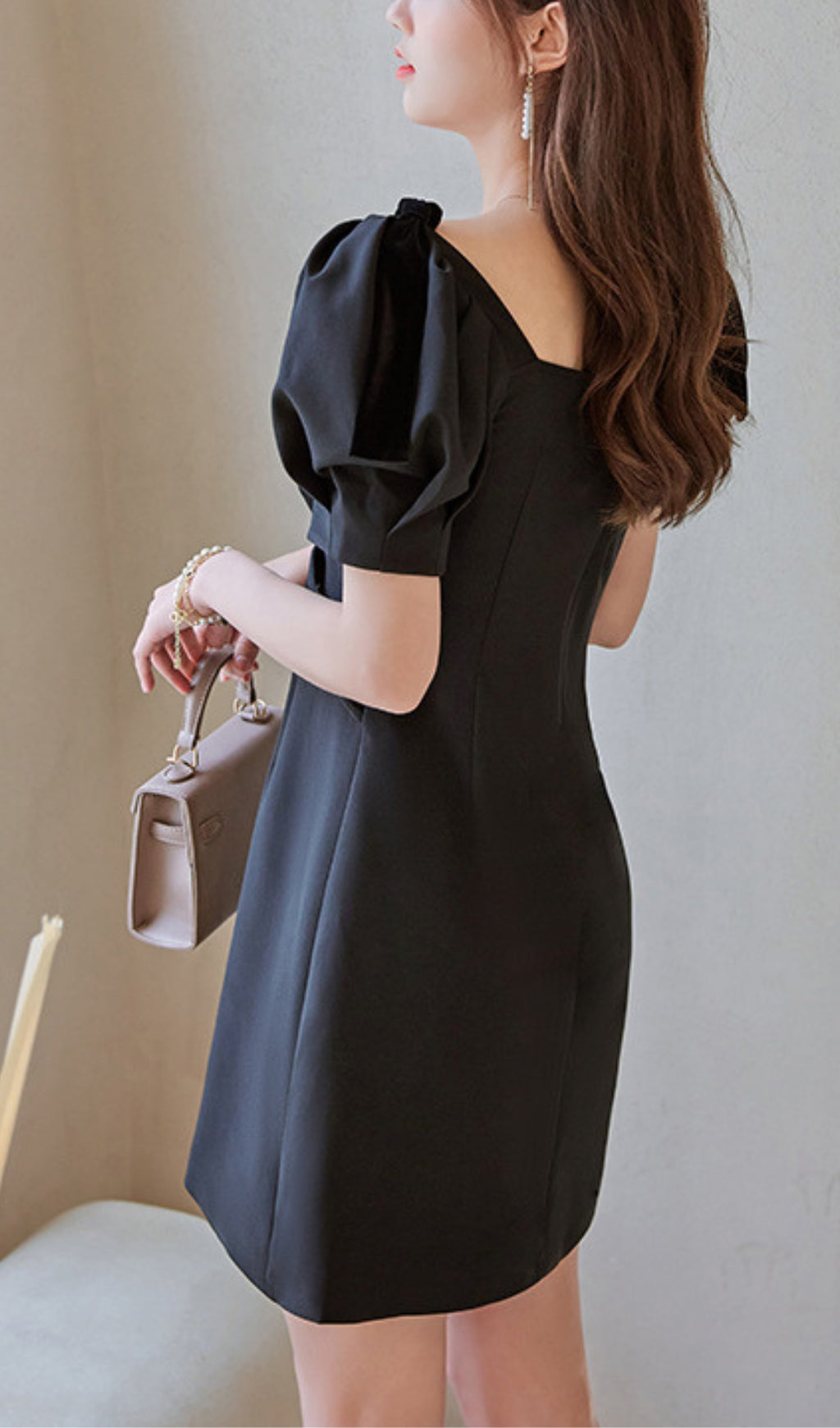 VELVET TIERED PUFF SLEEVE BLACK MINI DRESS