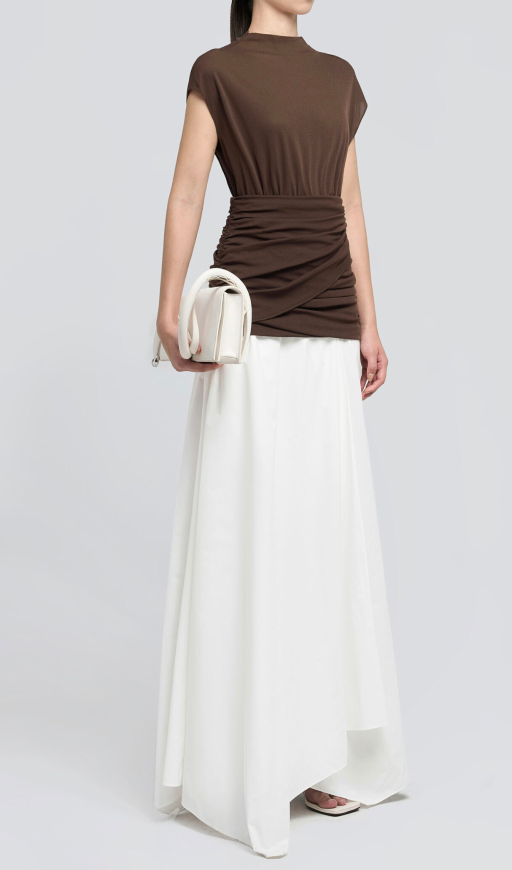 BROWN ASYMMETRIC PLEATED MIDI DRESS FOR WEDDING GUEST