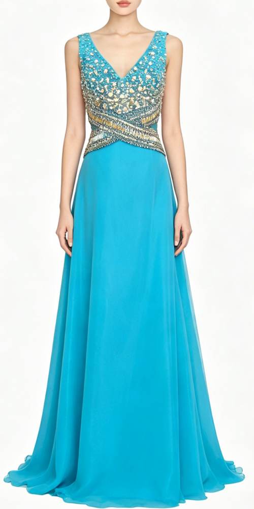 Turquoise Rhinestone Embellished V-Neck Chiffon Evening Gown Turquoise Rhinestone Embellished V-Neck Chiffon Evening Gown