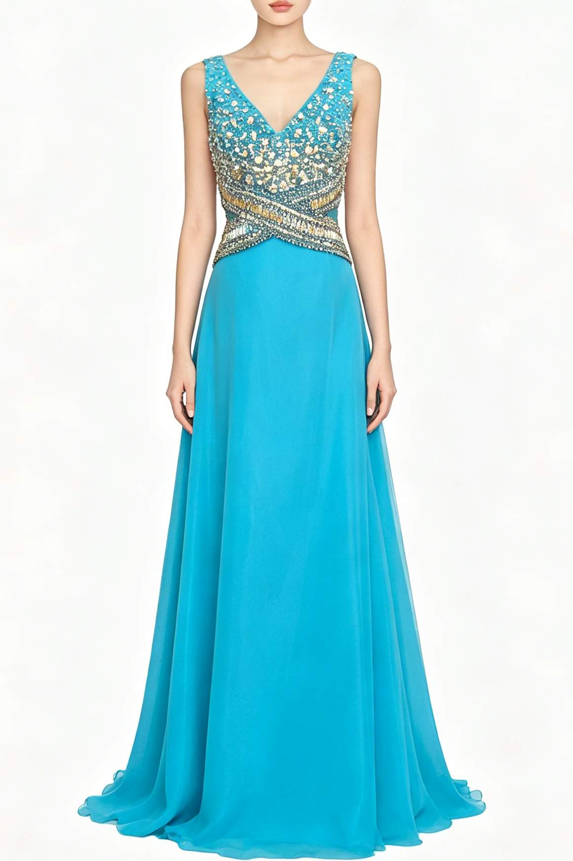 Turquoise Rhinestone Embellished V-Neck Chiffon Evening Gown