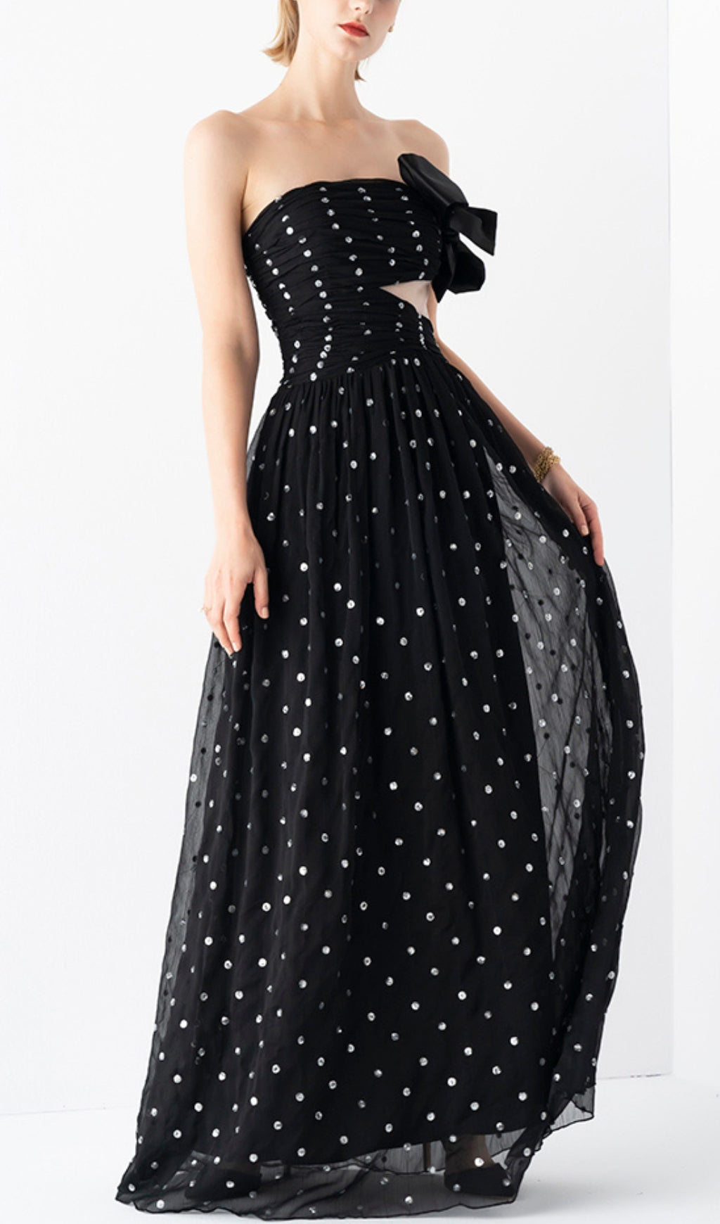 POLKA DOT BANDEAU DRESS BLACK PARTY MINI