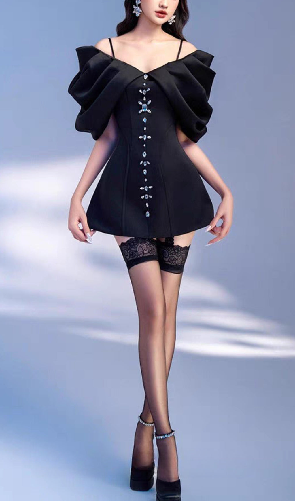 GLITTER BEADED STRAPLESS PLEATED MINI DRESS, BLACK COCKTAIL PARTY