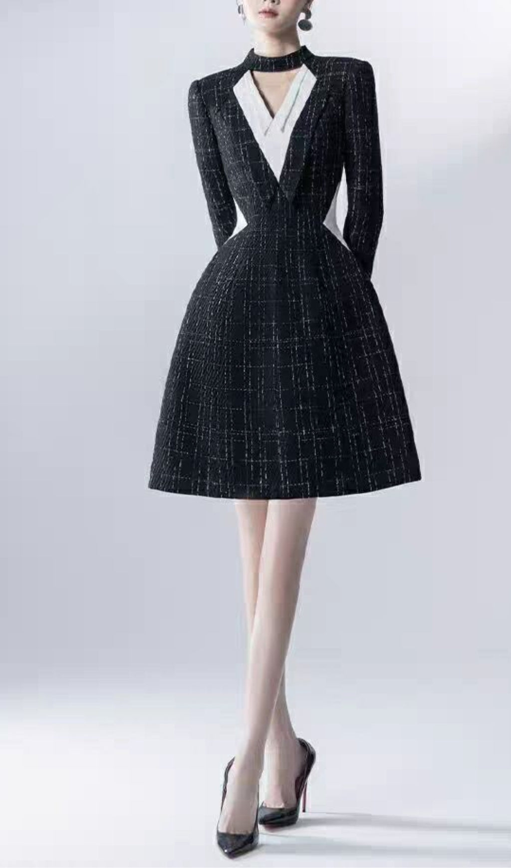 HALTER V-NECK A-LINE JACKET DRESS BLACK