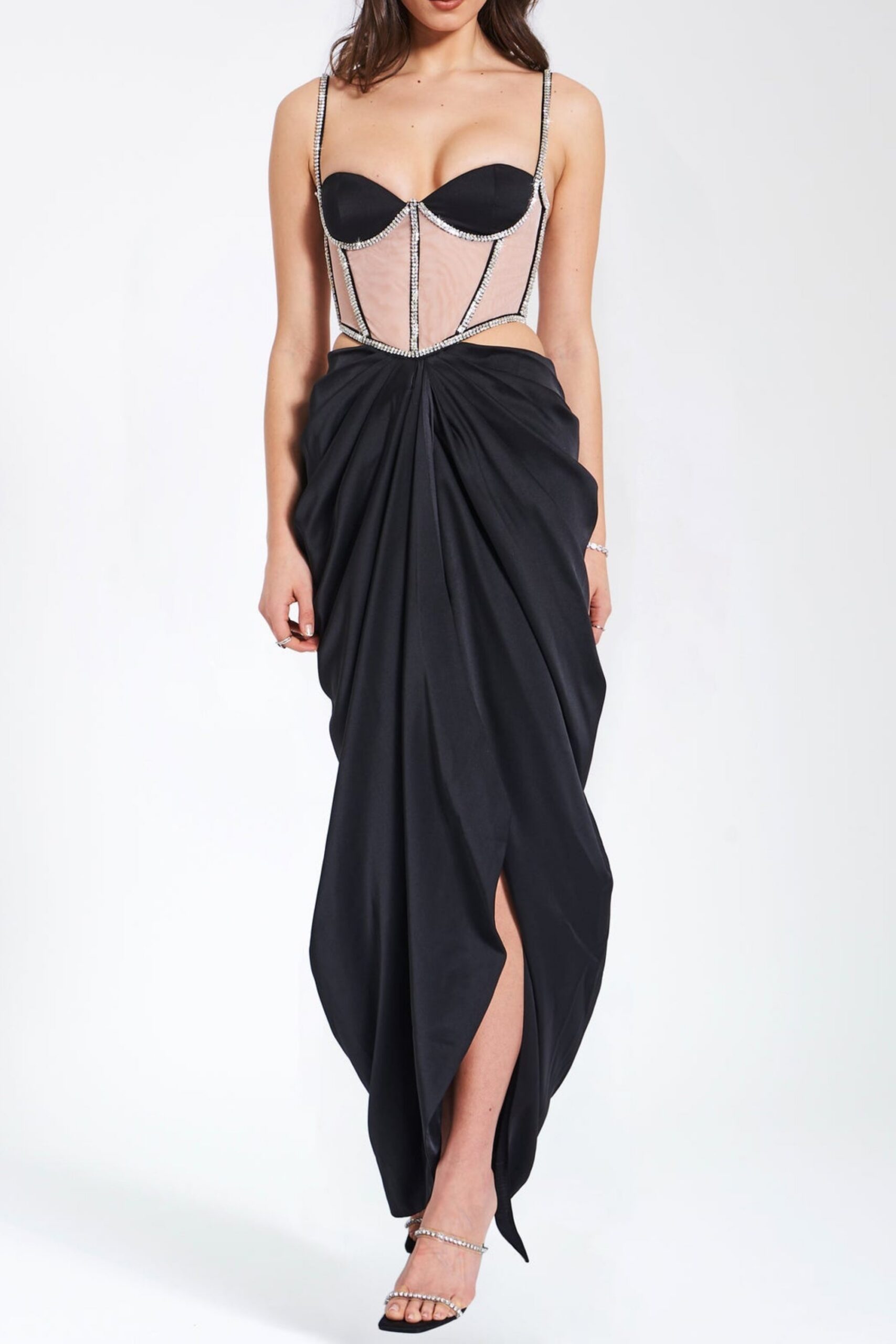 BLACK SATIN CRYSTAL CORSET DRESS FOR EVENING