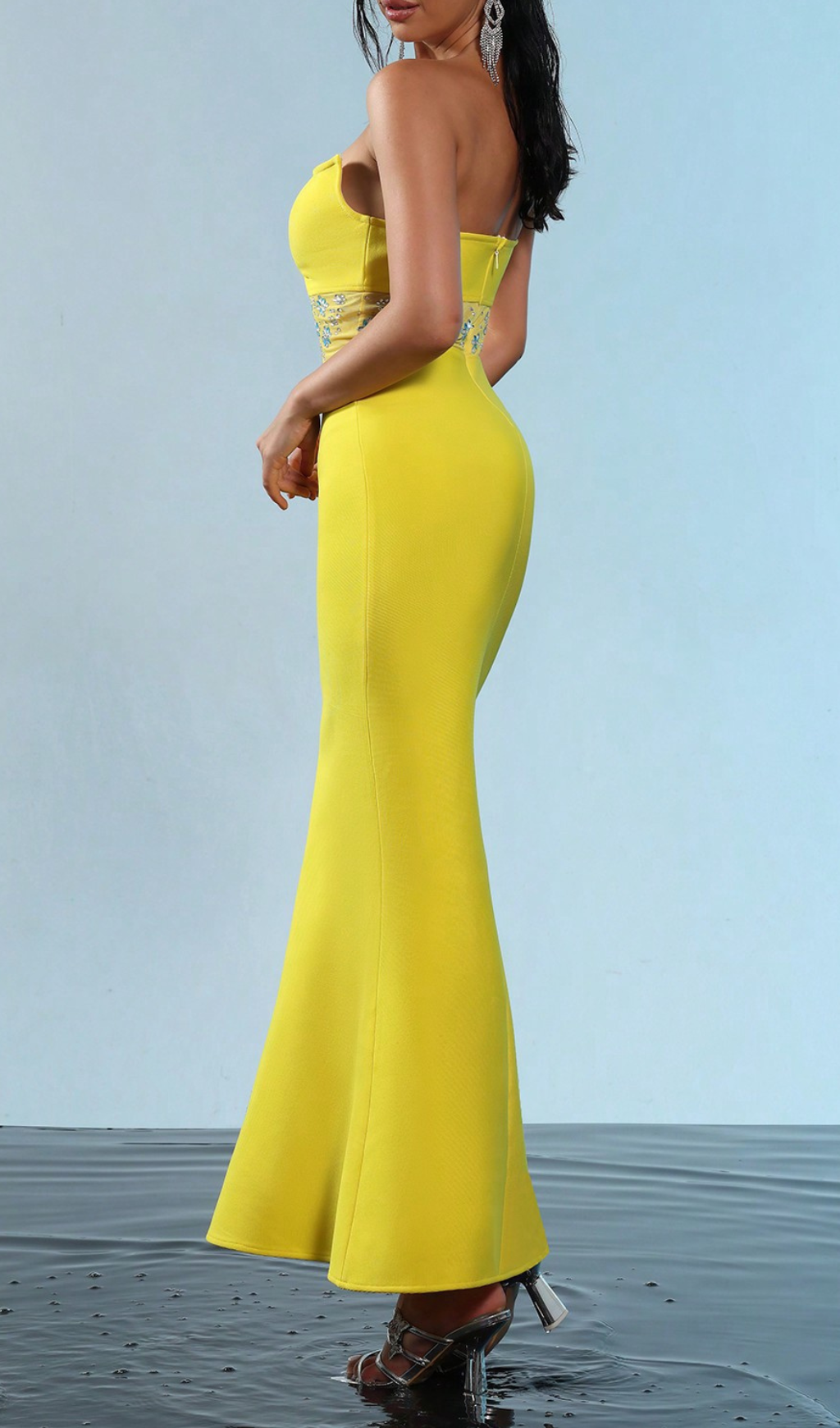 MESH SPLICE RHINESTONE YELLOW MAXI BANDAGE DRESS