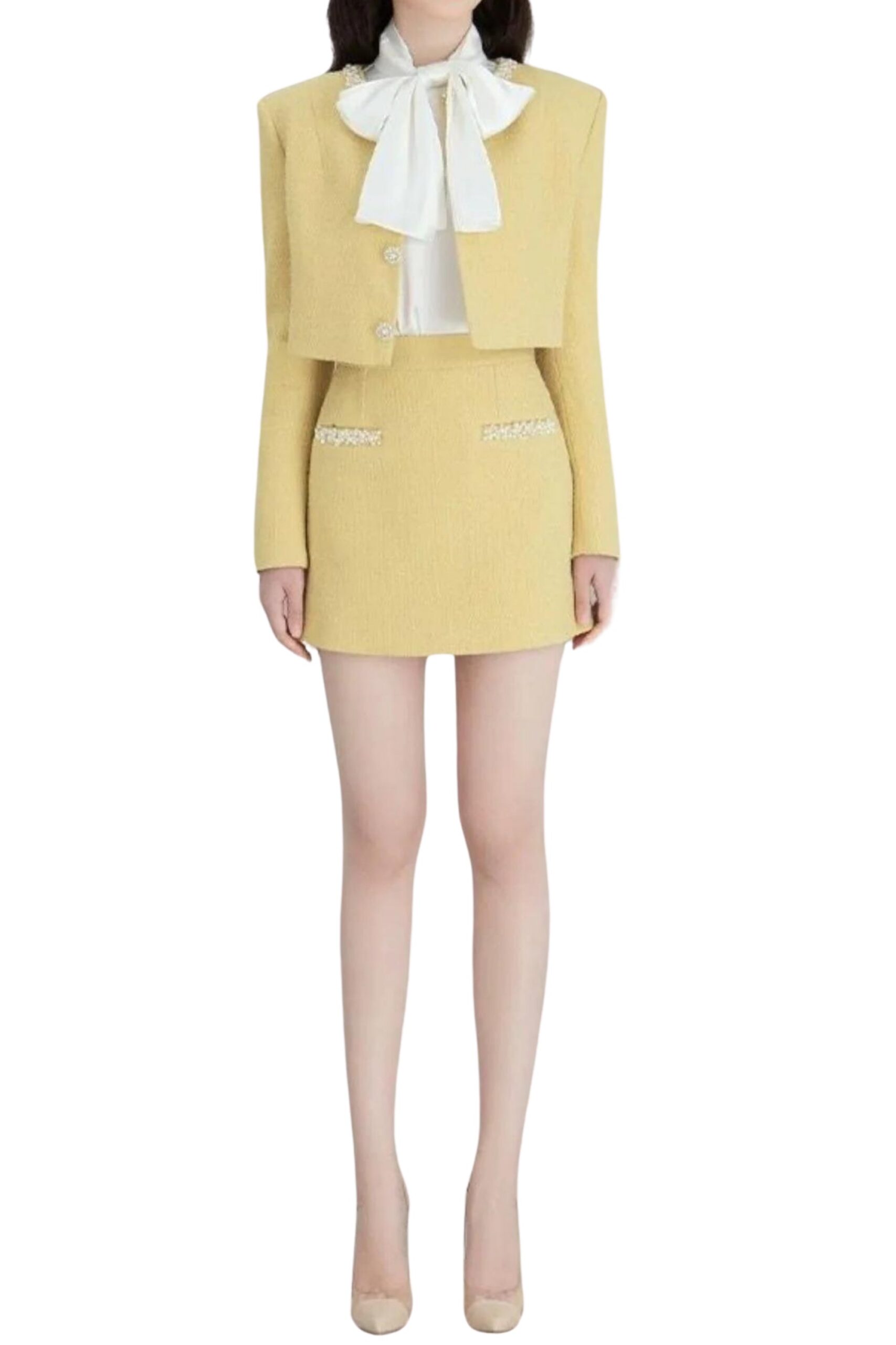 YELLOW LONG SLEEVE BLAZER SKIRT SET FOR WORK