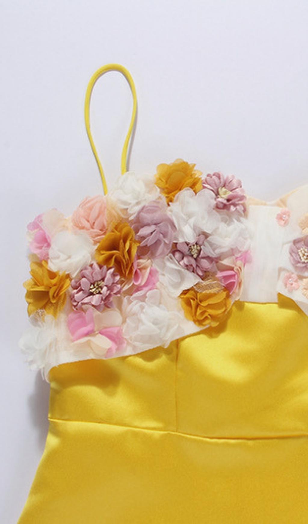 YELLOW FLOWER MIDI DRESS FOR WEDDING GUEST