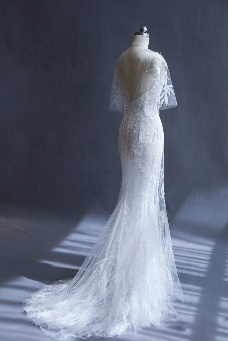 WHITE MERMAID V-NECK TULLE WEDDING DRESS
