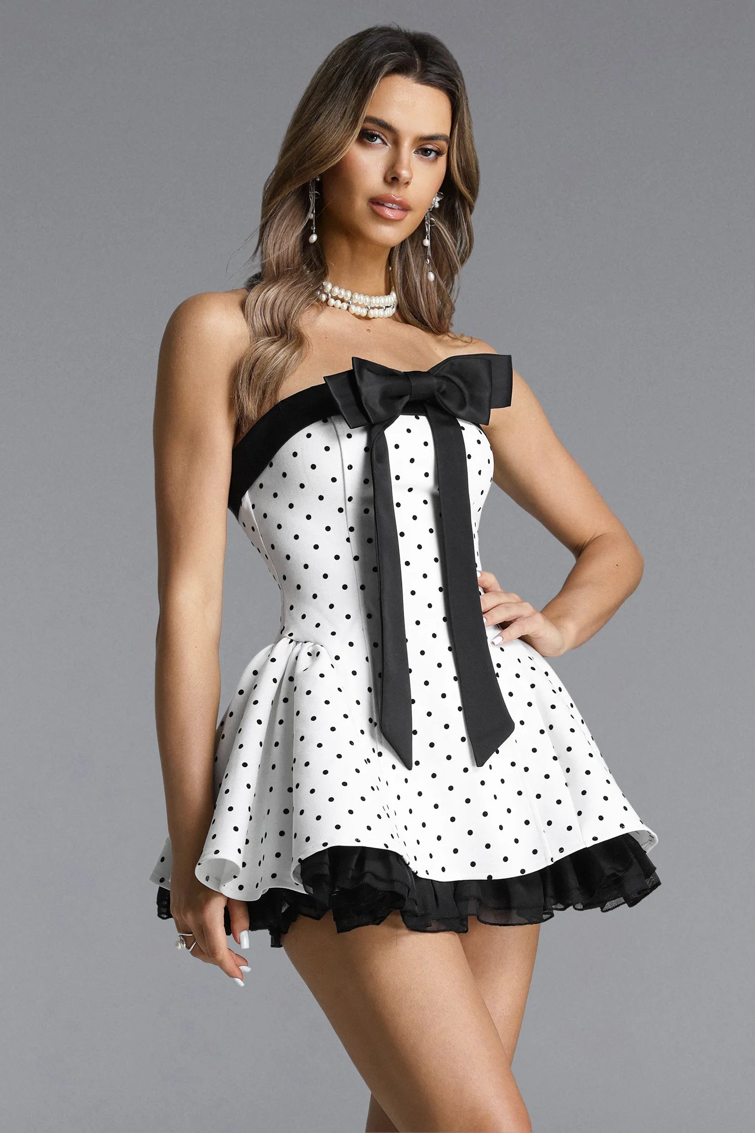 OCTAVIA WHITE POLKA DOT STRAPLESS BOW MINI DRESS