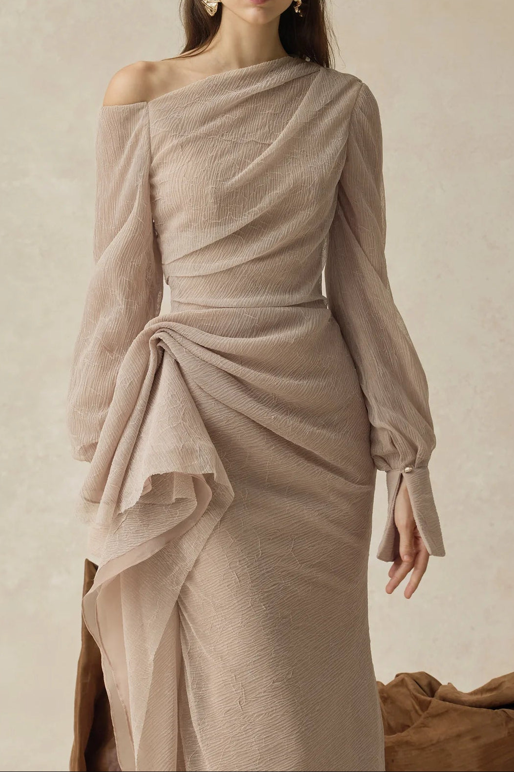 BRIANNA ASYMMETRIC PLEATED MAXI DRESS IN BEIGE