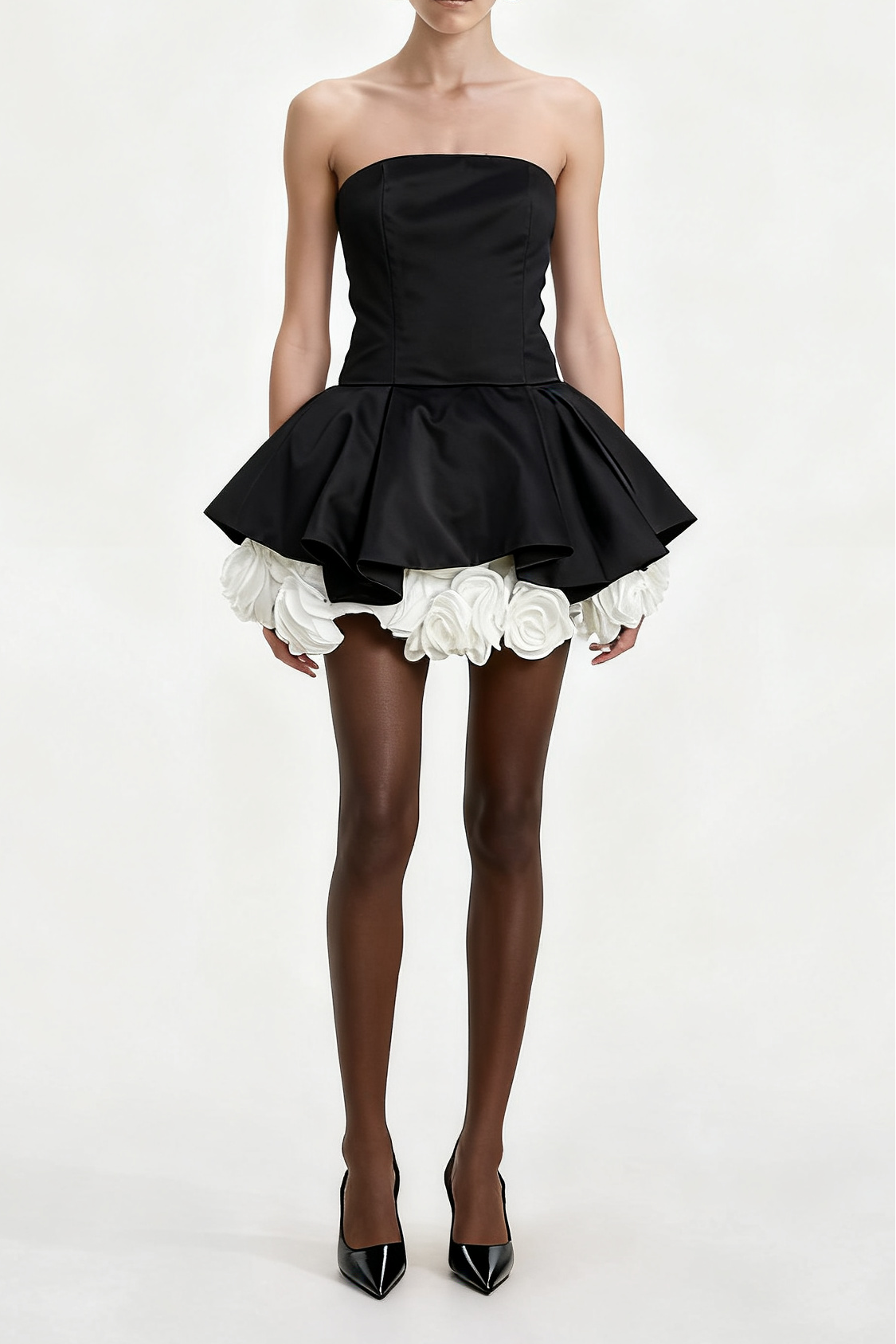 BLACK PETAL-LAYER STRAPLESS CORSET MINI DRESS