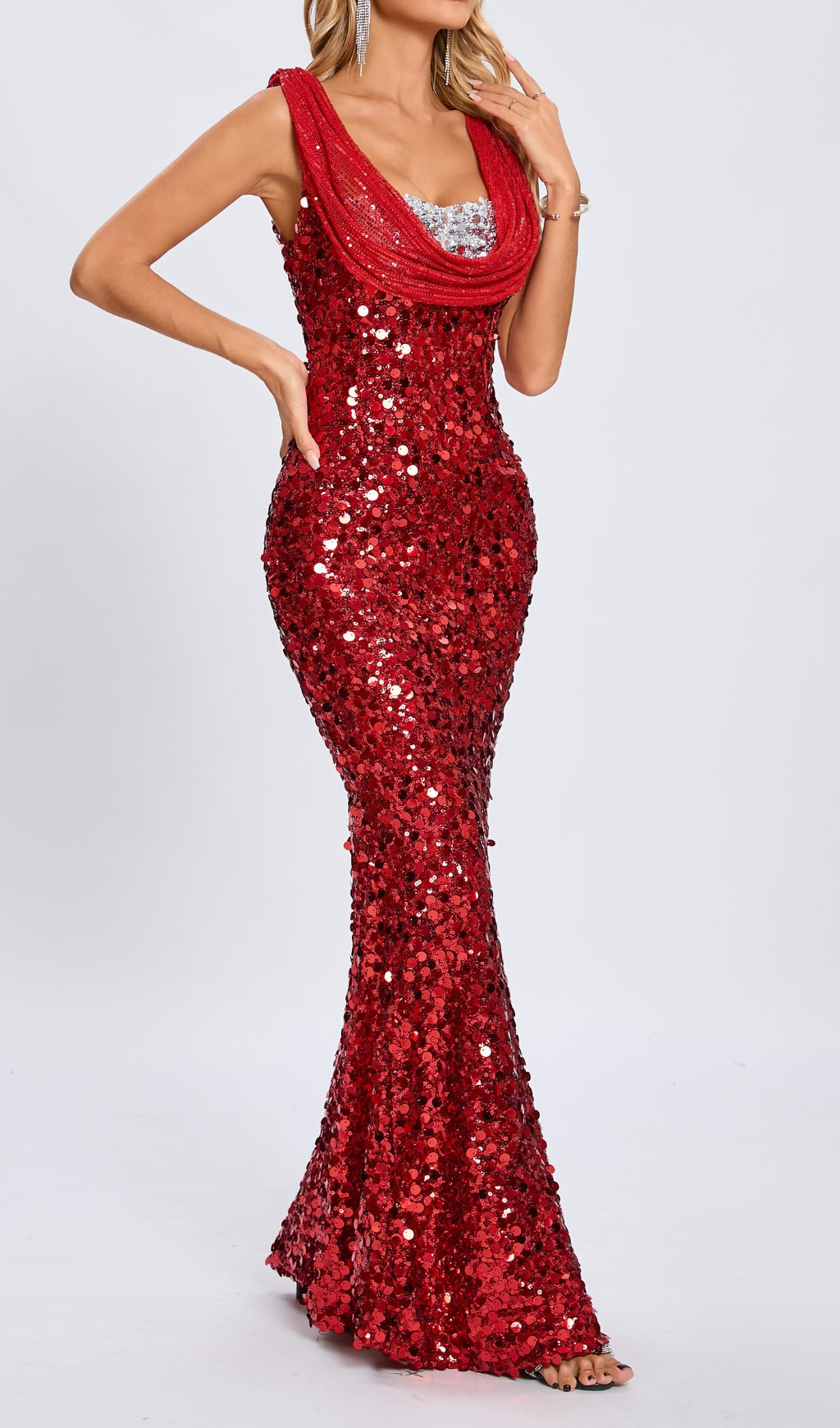 SEQUIN RED MAXI DRESS, SLEEVELESS EVENING GOWN