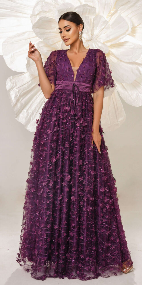 Appliqued Short Sleeve A-line Tulle Dress Appliqued Short Sleeve A-line Tulle Dress