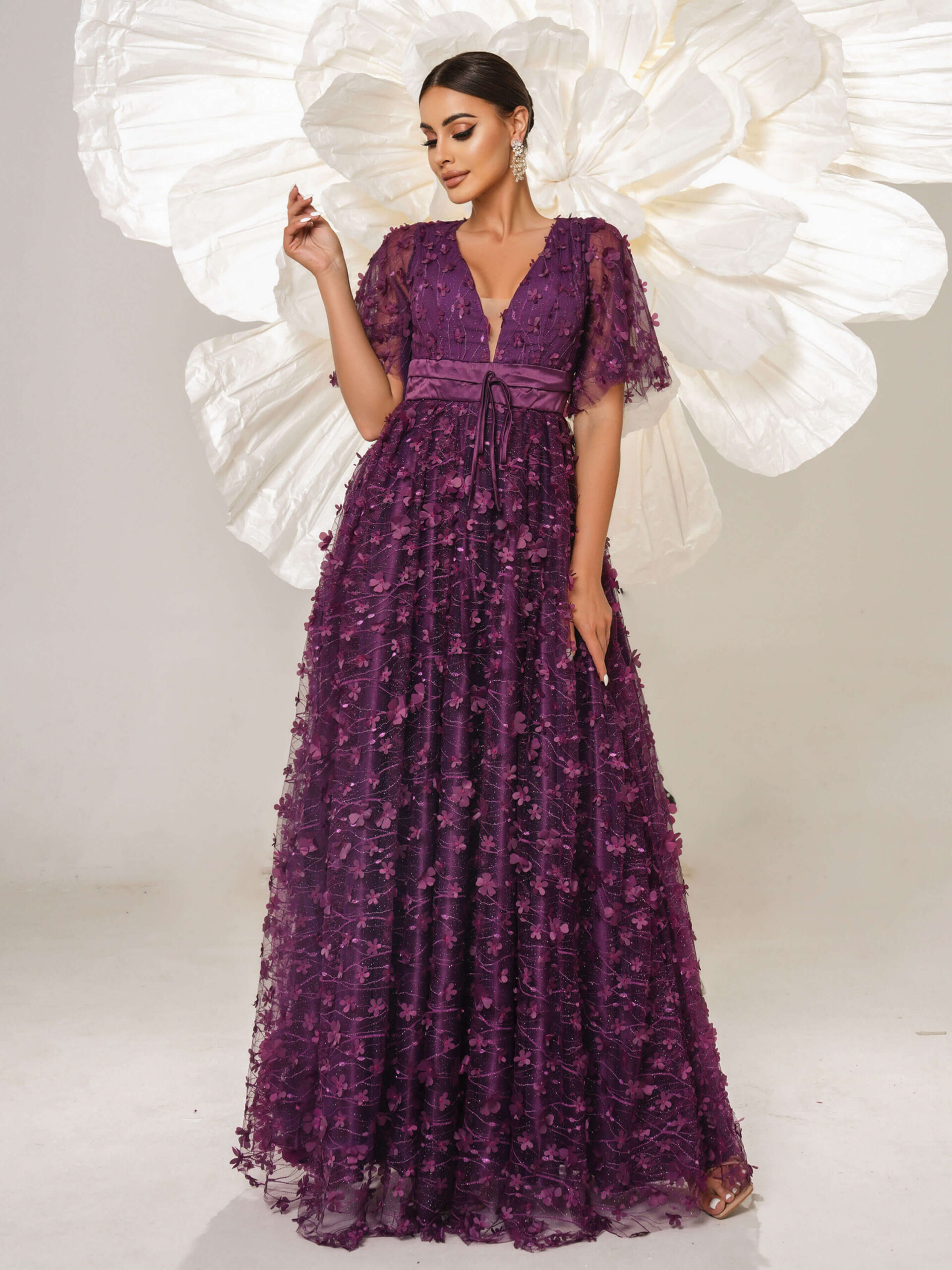 Appliqued Short Sleeve A-line Tulle Dress