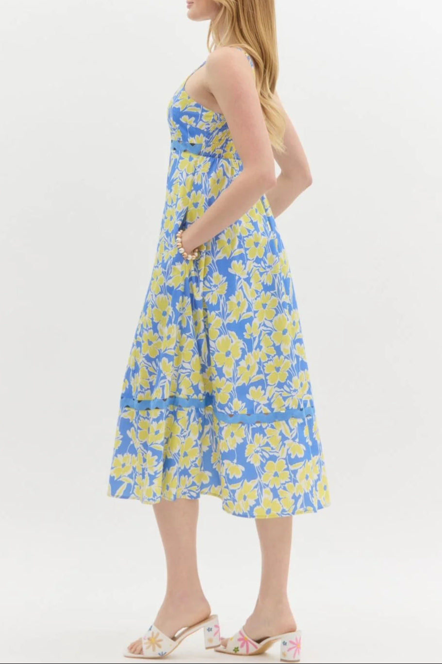 WALLIS FLORAL MIDI DRESS - BLUE HOLLOW, A-LINE