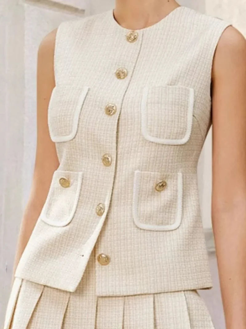 CELESTE TWEED VEST & PLEATED SKIRT SET IN APRICOT