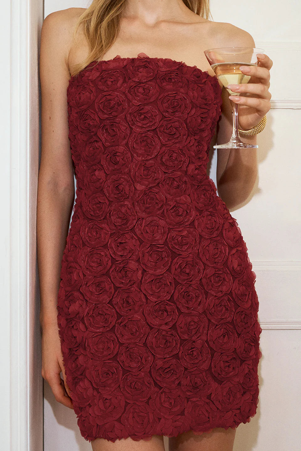 ROSETTE TUBE BODYCON MINI DRESS, RED PARTY