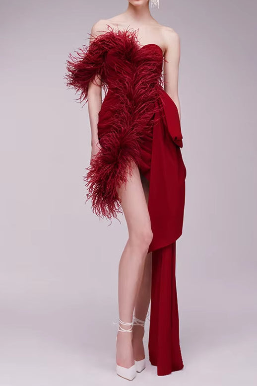 5b8211ac-b4e7-4a32-aab0-ee8f77ec7715 BURGUNDY FEATHER STRAPLESS MINI DRESS, PARTY