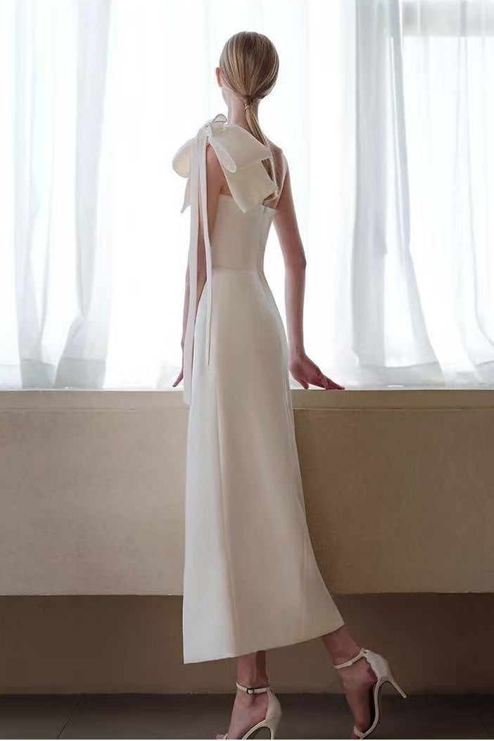 ESTELLE WHITE OFF-SHOULDER SATIN MIDI BOW DRESS