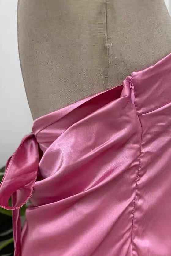 PINK SATIN HALTER MIDI DRESS WITH BACK BOW
