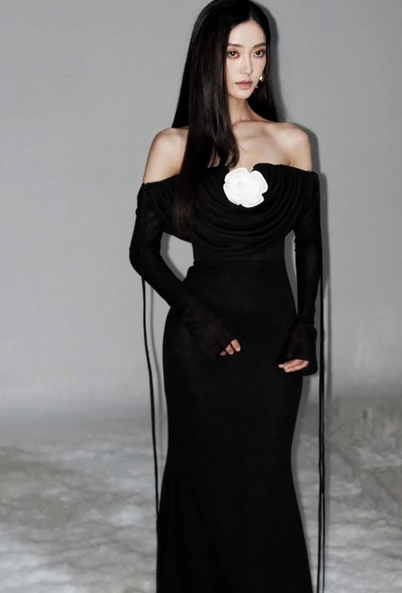 LILA BLACK PLEATED STRAPLESS MAXI DRESS WITH FLOWER EMBELLISHMENT