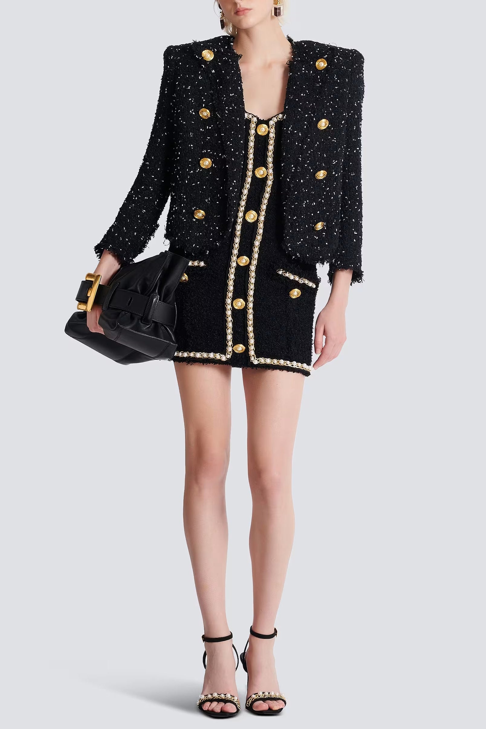 5cd24830-3fdf-4d39-ba67-9b54c6c1455b AMANDA BLACK TWEED PEARL MINI DRESS FOR COCKTAIL