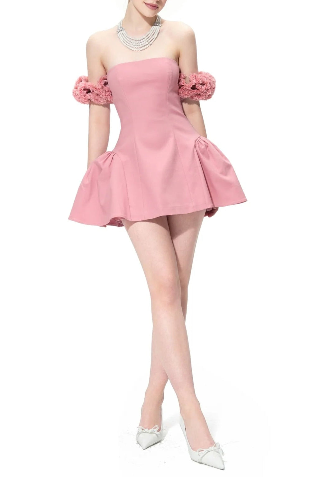 SHERRY FLOWER STRAPLESS PUFFY MINI DRESS PINK