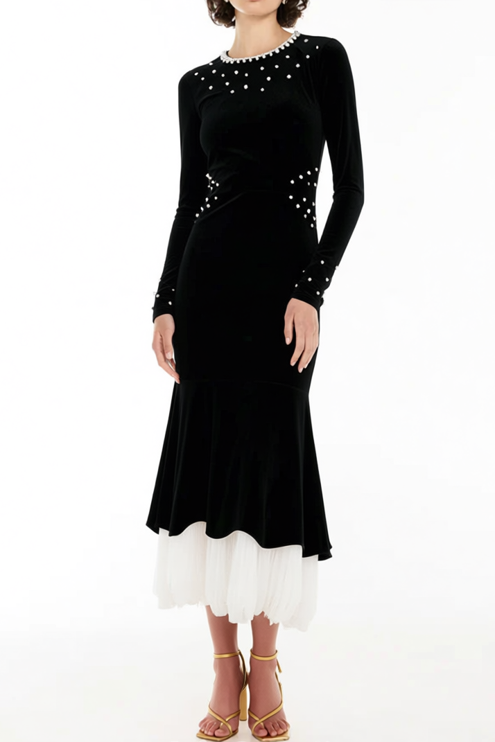 5e2c5fd1-a3ba-4e9c-8851-9fa194f05764 ZONA BLACK BEADED VELVET FISHTAIL MAXI DRESS