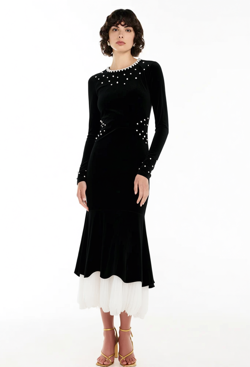 ZONA BLACK BEADED VELVET FISHTAIL MAXI DRESS