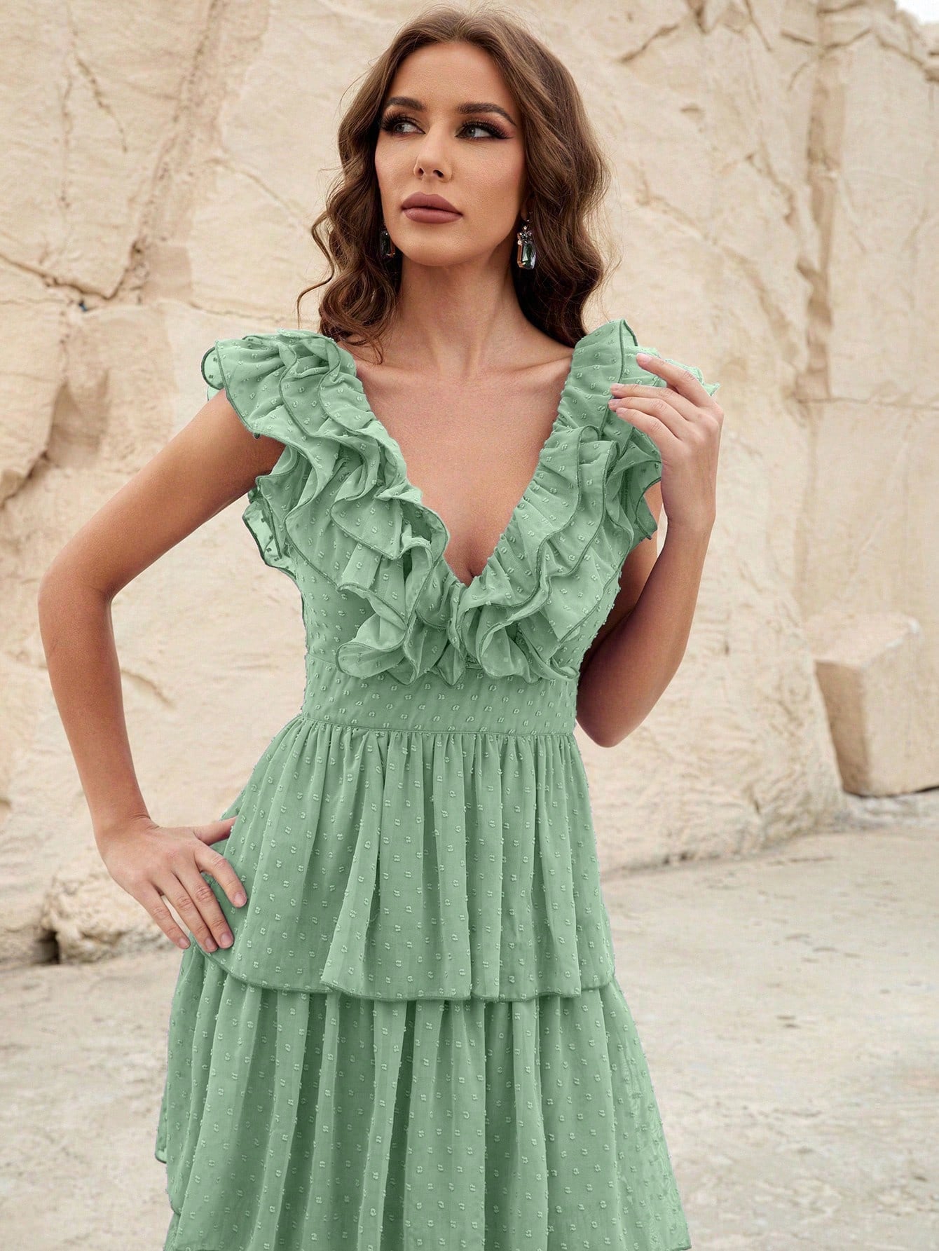 RUFFLE HEM SWISS DOT CHIFFON DRESS FOR WEDDING