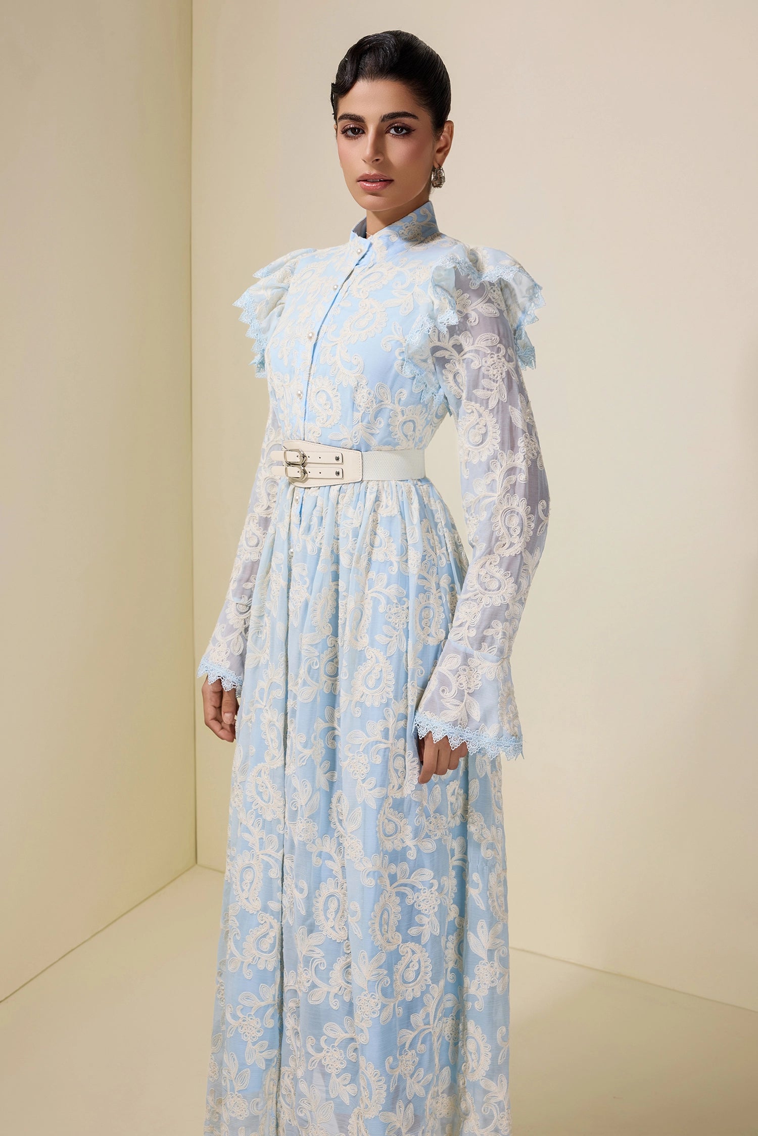 ALMA EMBROIDERED MIDI DRESS WITH BELT - BLUE
