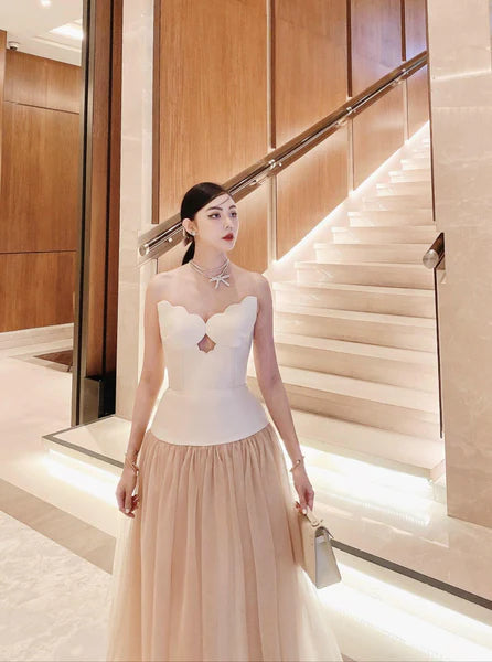 TWO-TONE TUBE TOP TULLE MIDI DRESS