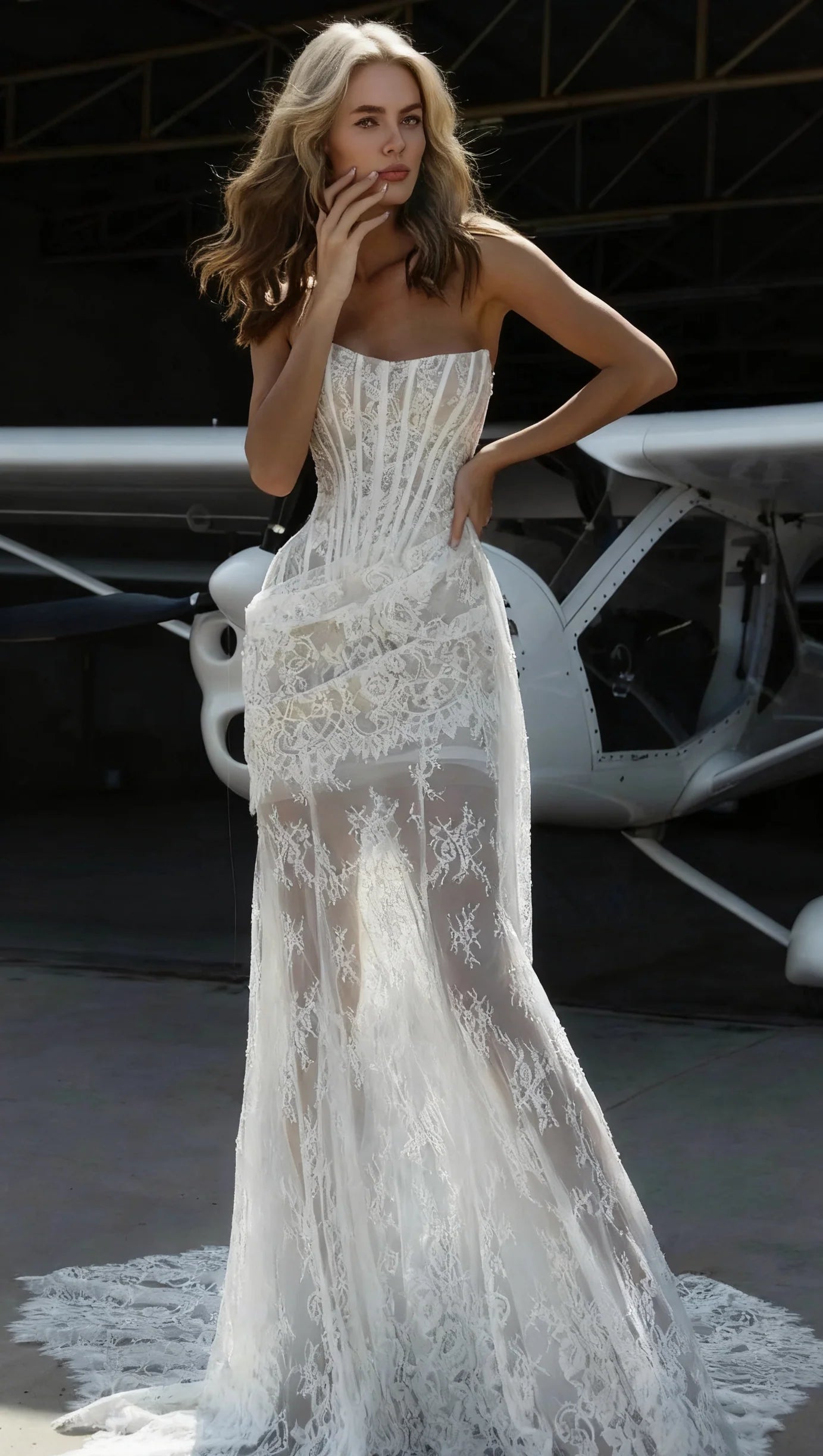 IVORY SHEER LACE CORSET MAXI DRESS FOR WEDDING