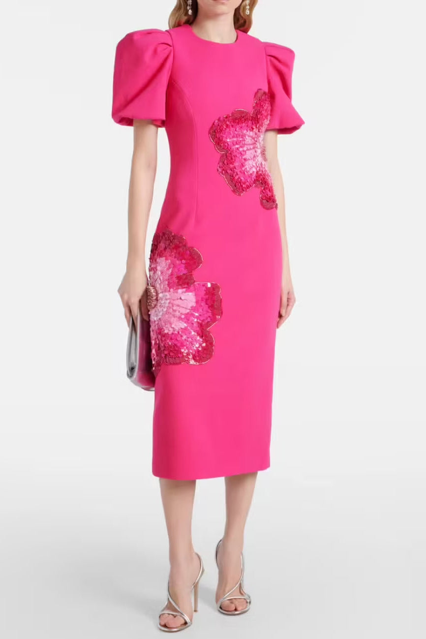 5e7da223-719c-41c9-a3ad-59c608a43f01 SEQUIN FLOWER PUFF SLEEVE MIDI DRESS IN PINK