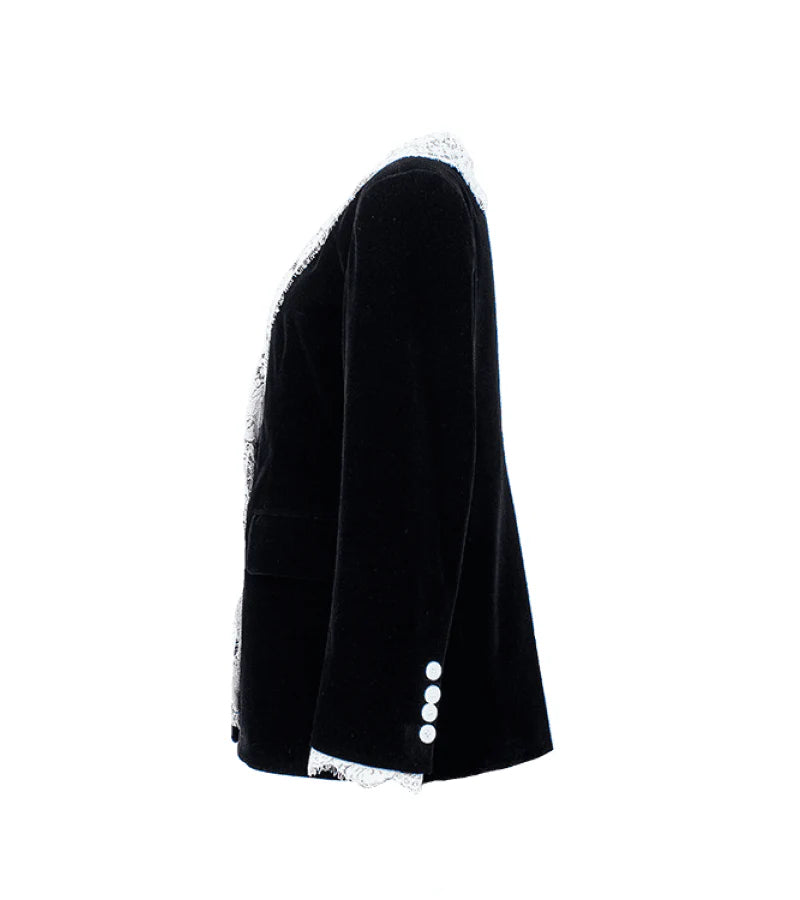 BLACK LACE-NECK VELVET BLAZER, FORMAL WEDDING