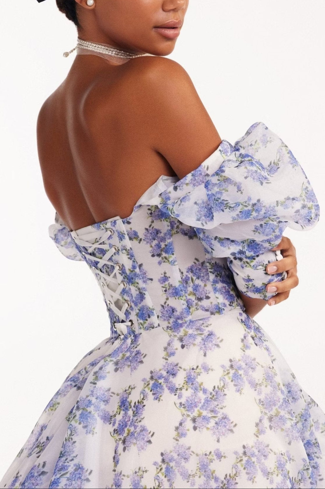 BLUE HYDRANGEA MAXI PRINCESS DRESS, A-LINE, WEDDING GUEST