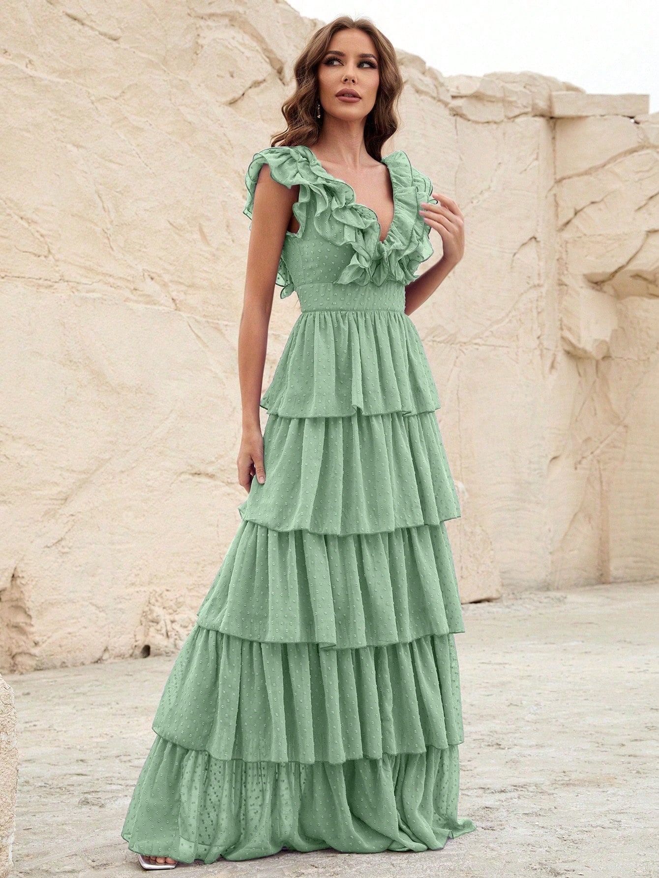 RUFFLE HEM SWISS DOT CHIFFON DRESS FOR WEDDING