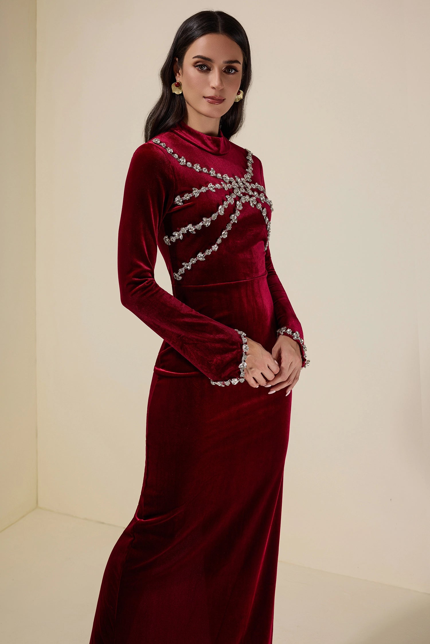 HILARY VELVET RHINESTONE MAXI DRESS - BURGUNDY
