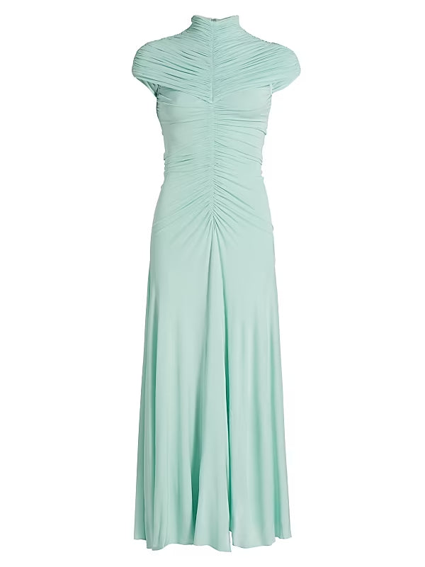 LILLIAN GATHERED HIGH-NECK MAXI DRESS IN GREEN