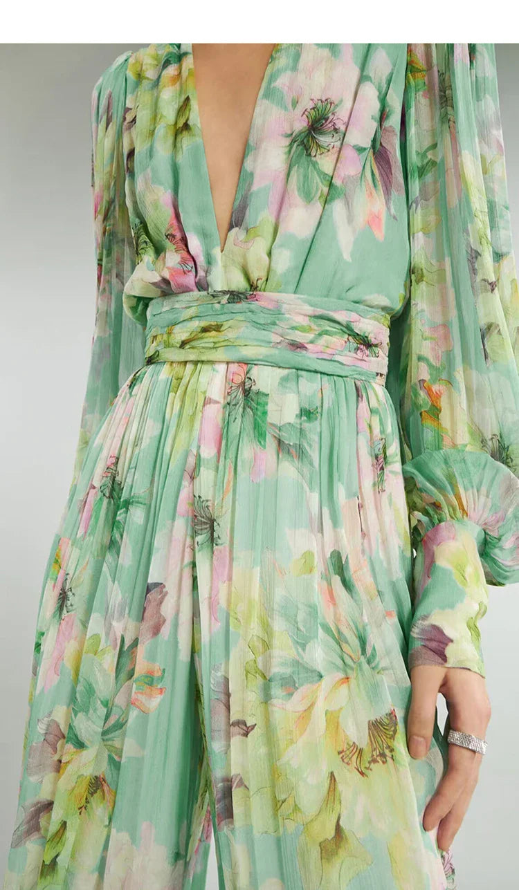 V-NECK FLORAL CHIFFON MAXI DRESS GREEN