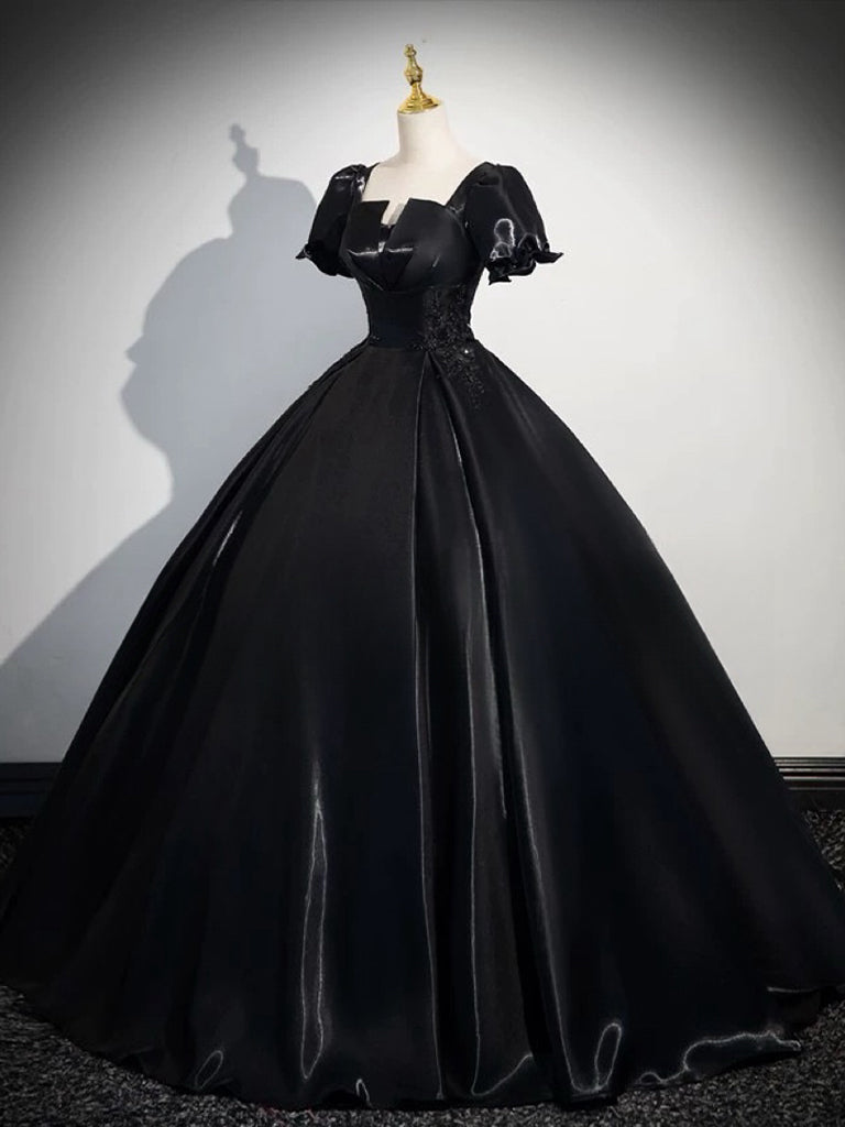 A-LINE SATIN BLACK PROM DRESS, SHORT SLEEVE